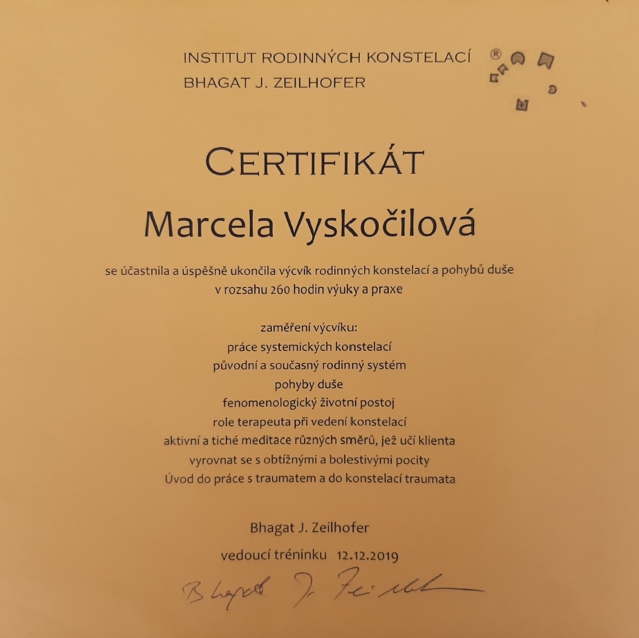 certifikát rodinné konstelace - Marcela Vyskočilová